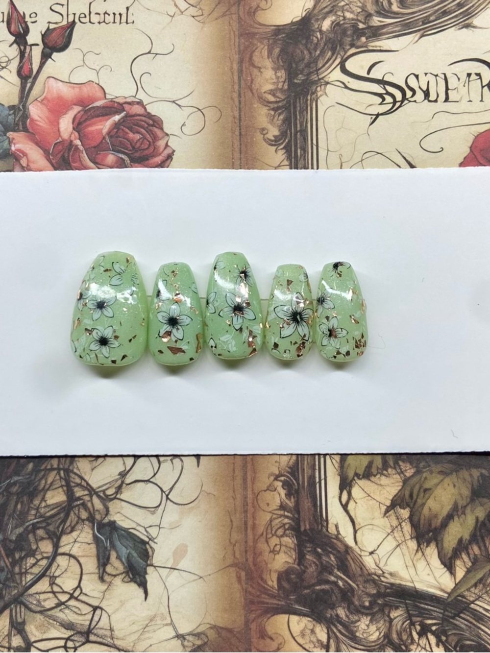 Mint Floral Press-On Nails with Gold Flakes